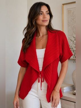 St. John Red Wool Rayon Knit Tie Front Cardigan Sweater Shawl Collar Medium